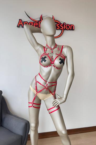 Kırmızı Gizli Arzu Seksi Elastik Gizli Arzu Jartiyer Harness Takım