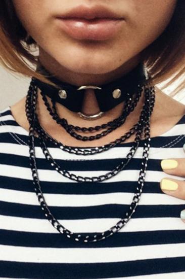 Siyah Gizli Arzu Zincir Detaylı Gizli Arzu Deri Choker - APFT664