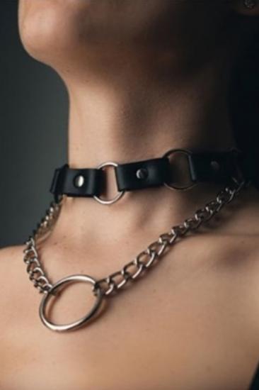 Gizli Arzu Zincir Ve Halka Detaylı Şık Gizli Arzu Deri Choker - APFT665