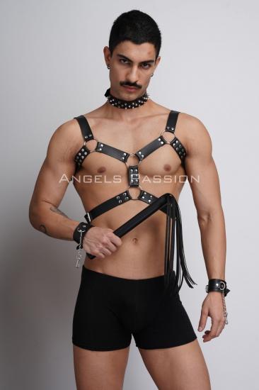 Kırbaç ve Çivili Choker Detaylı Gizli Arzu Erkek Fantazi Giyim, Gizli Arzu Deri Gizli Arzu Erkek Harness Takım - APFTM102