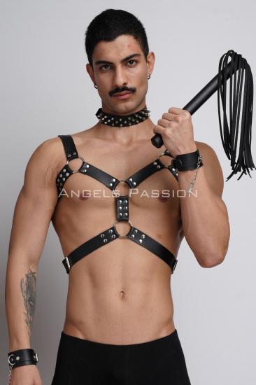 Kırbaç ve Çivili Choker Detaylı Gizli Arzu Erkek Fantazi Giyim, Gizli Arzu Deri Gizli Arzu Erkek Harness Takım - APFTM102