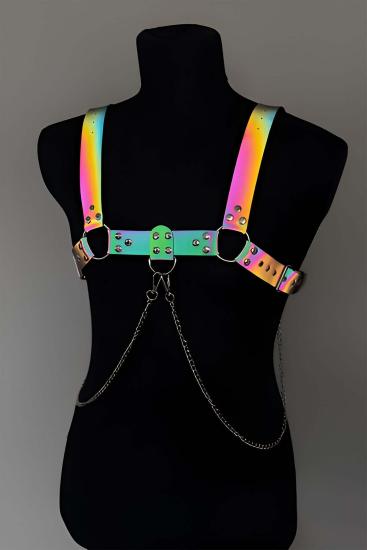 Rainbow Gizli Arzu Reflektörlü (Gizli Arzu Karanlıkta Parlayan) Gizli Arzu Zincir Detaylı Şık Gizli Arzu Erkek Göğüs Harness, Gizli Arzu Reflektörlü Gizli Arzu Clubwear - APFTM109